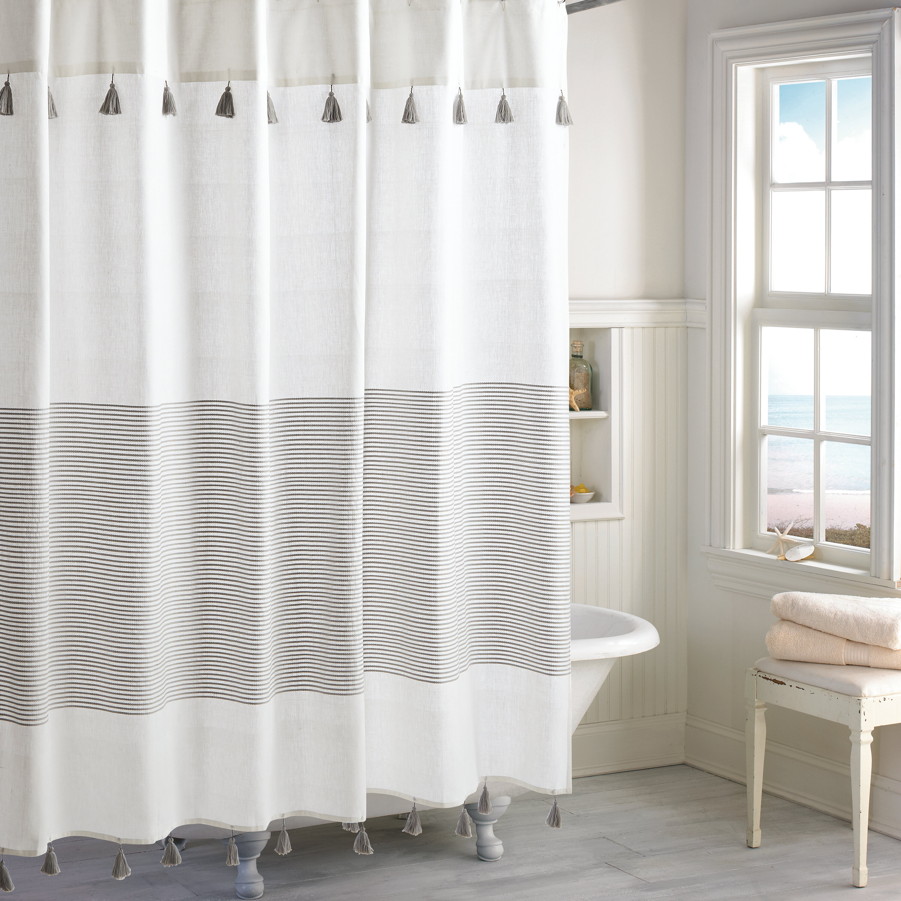 Gray %2526 Silver Campanella 100%2525 Cotton Striped Single Shower Curtain 